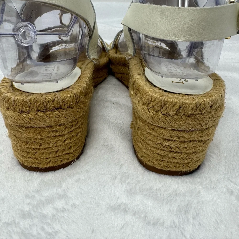 Lauren Ralph‎ Lauren White Leather Bena Wedge Espadrilles Size 7.5 Gold-tone